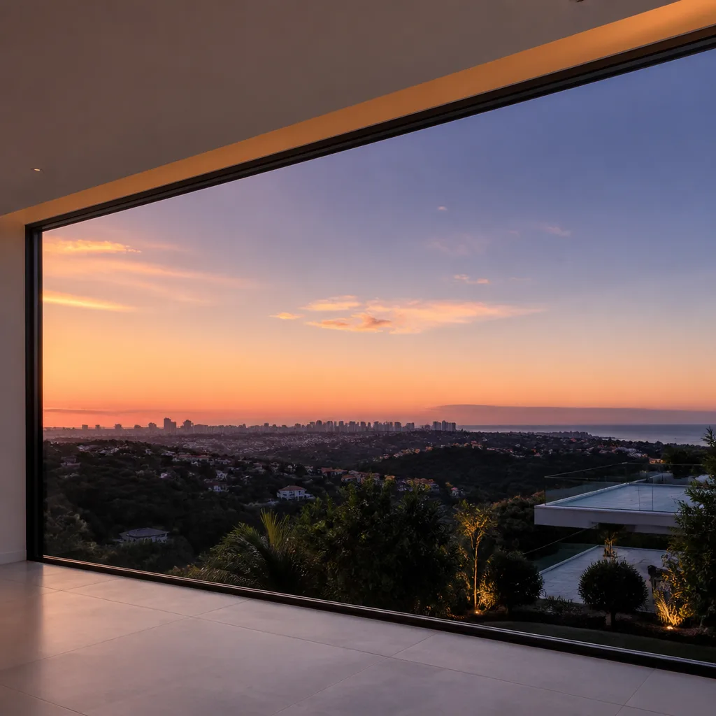 Modern luxury custom windows framing a vibrant sunset city skyline view. in Miami, FL