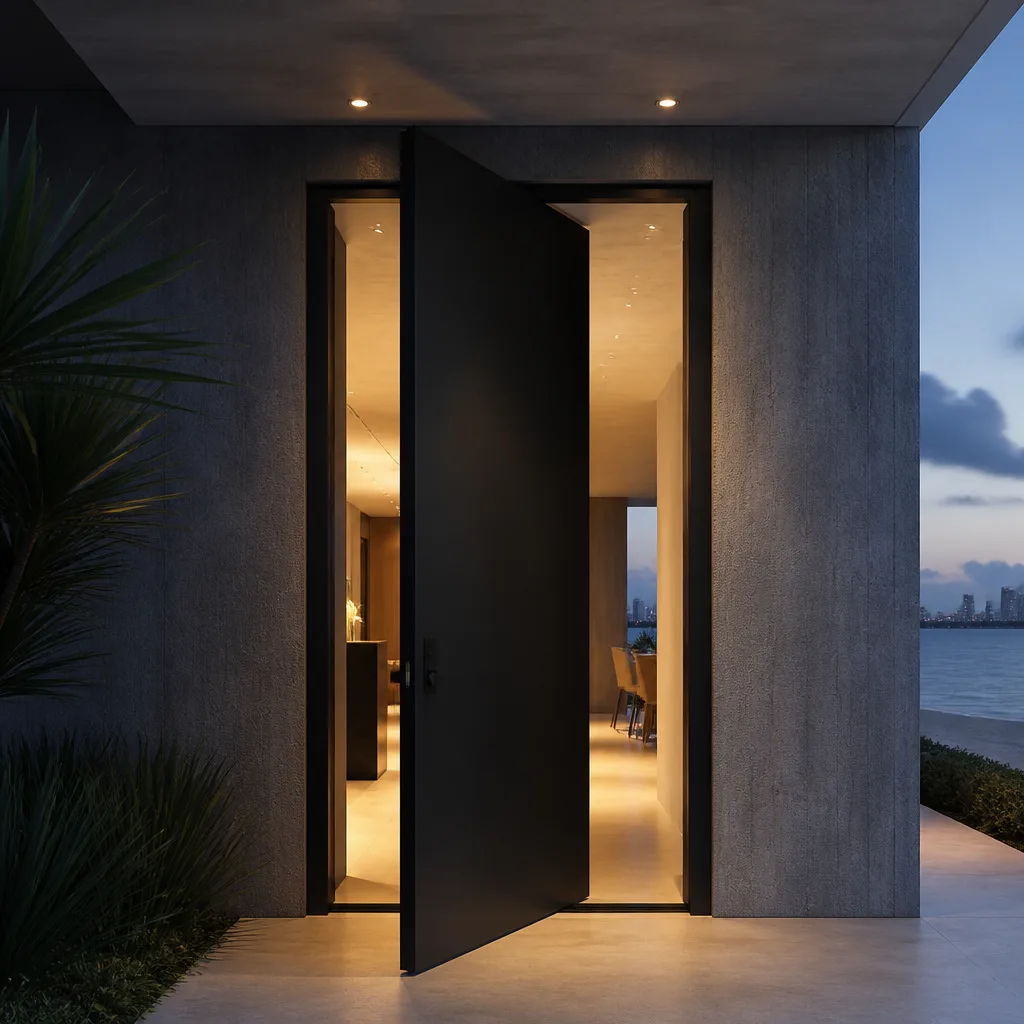 Modern oversized pivot door installed in a contemporary luxury home entryway in Miami, FL