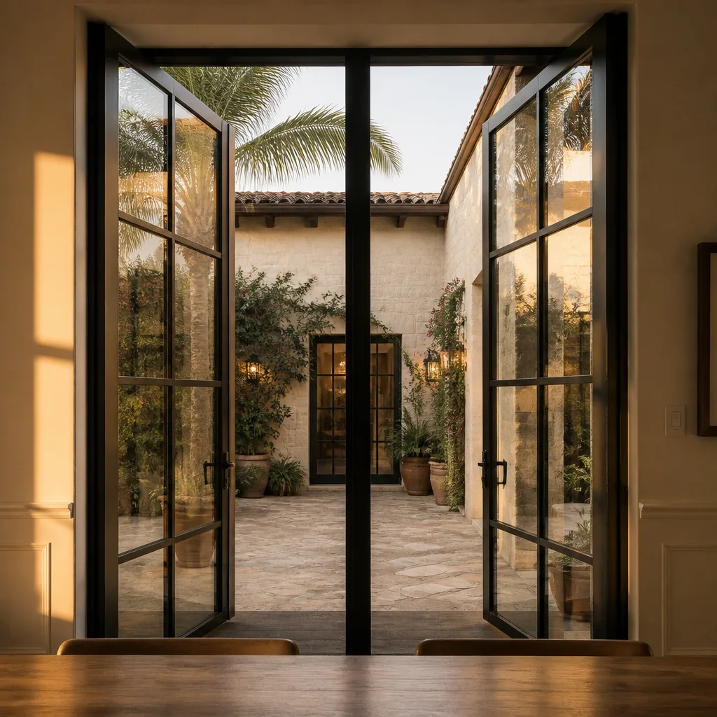 Open black steel French doors leading to a stone courtyard in Miami, FL