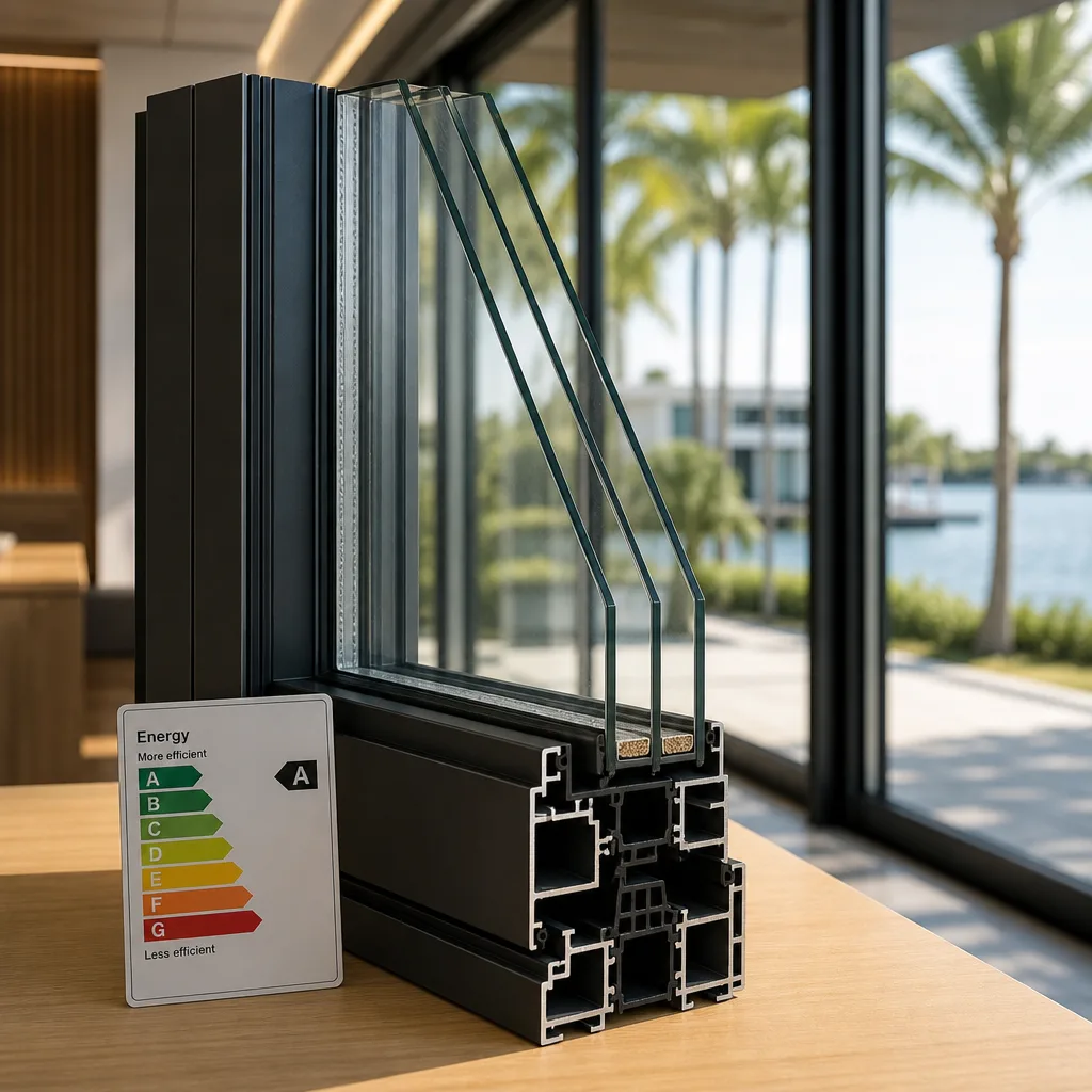 Cross-section of an energy-efficient triple-glazed window with an A-rating label. in Miami, FL