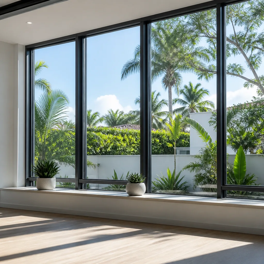 Modern energy-efficient floor-to-ceiling windows with a tropical garden view in Miami, FL