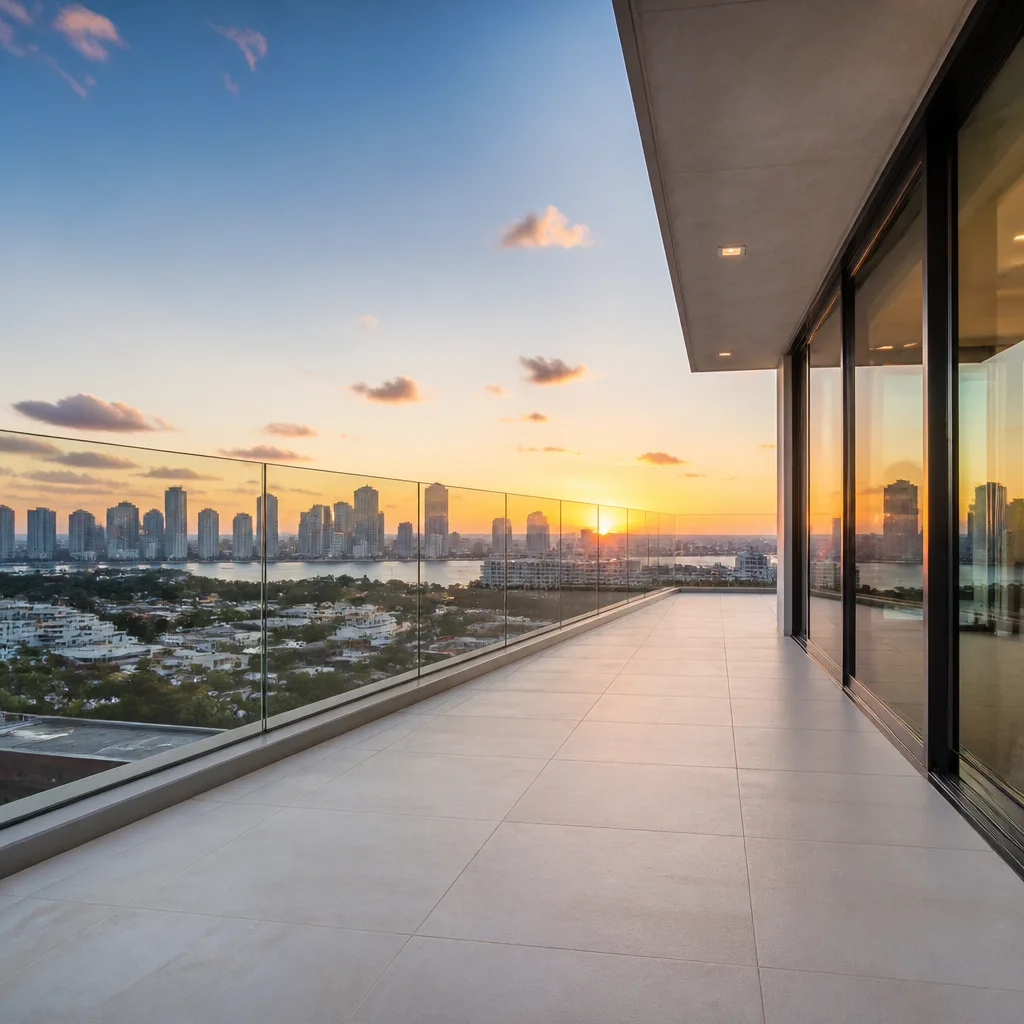 Modern balcony with seamless glass railing system at sunset in Miami, FL