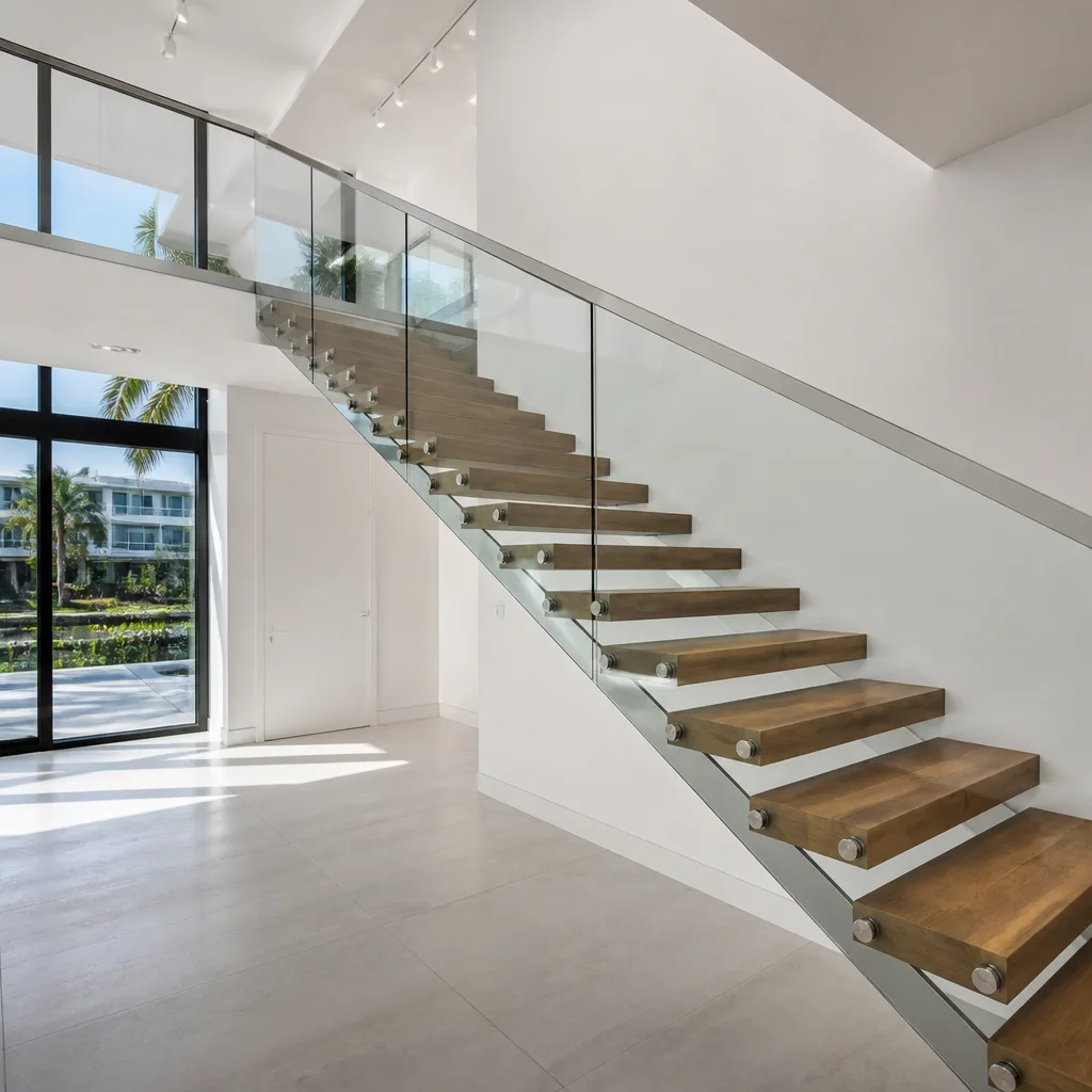 Modern interior staircase with minimalist frameless glass railing system in Miami, FL