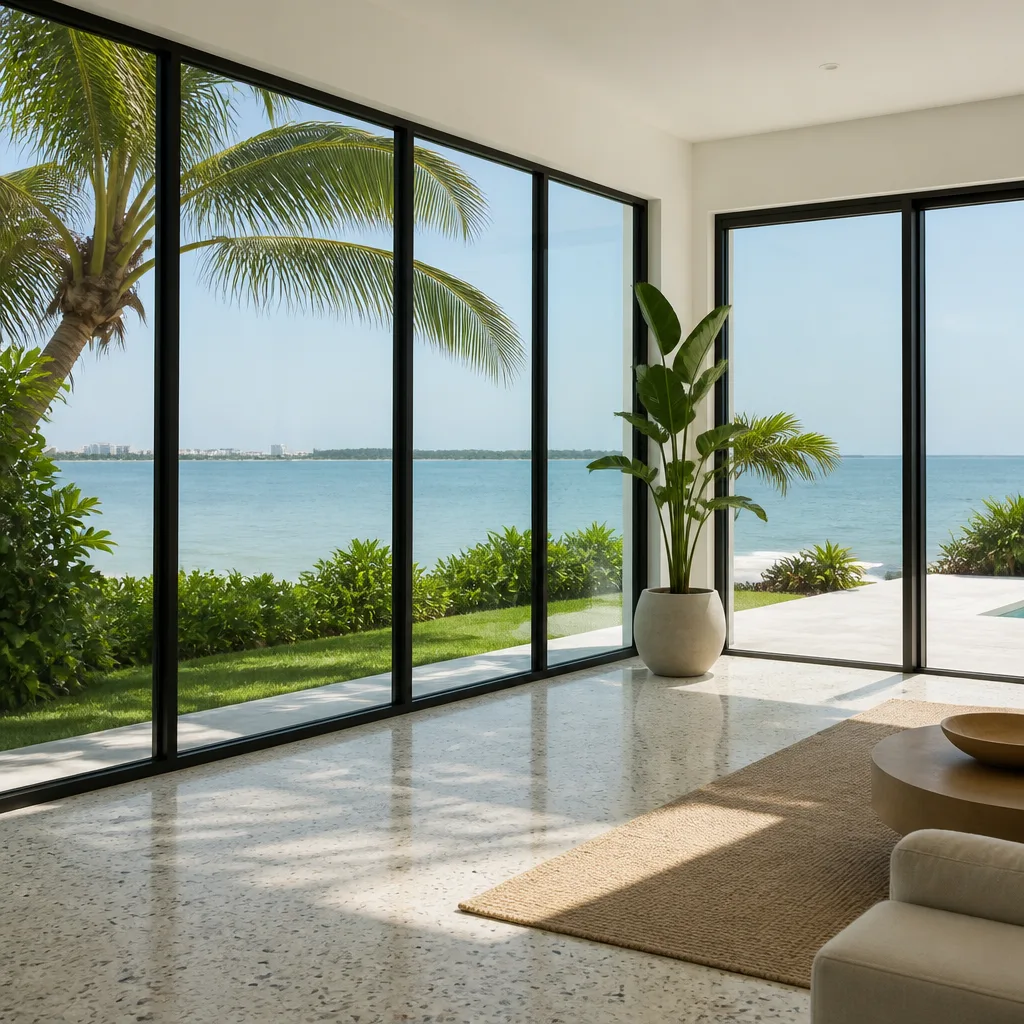 Modern interior with floor-to-ceiling impact windows overlooking a coastal view in Miami, FL