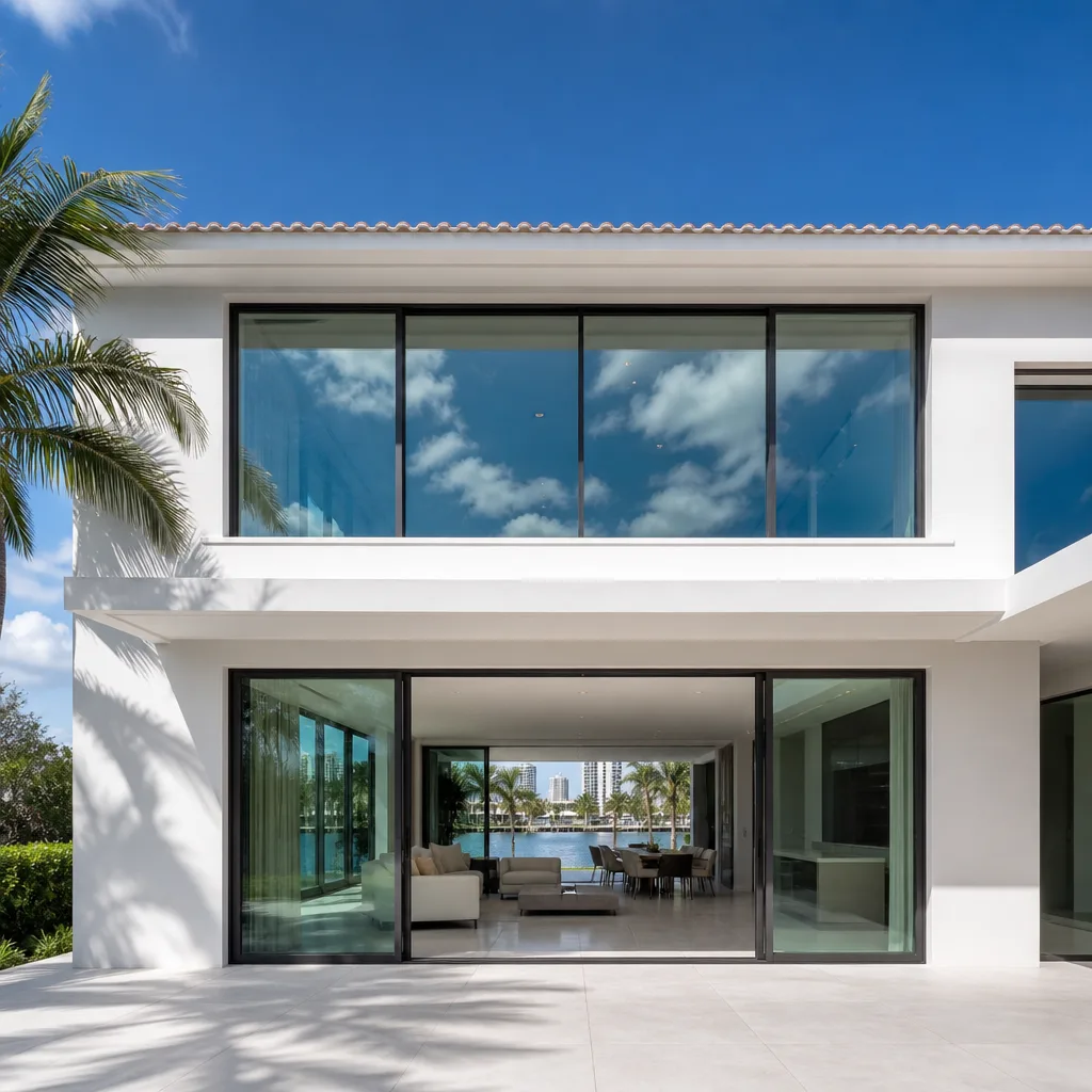 Modern luxury home with high-performance impact windows and sliding glass doors in Miami, FL