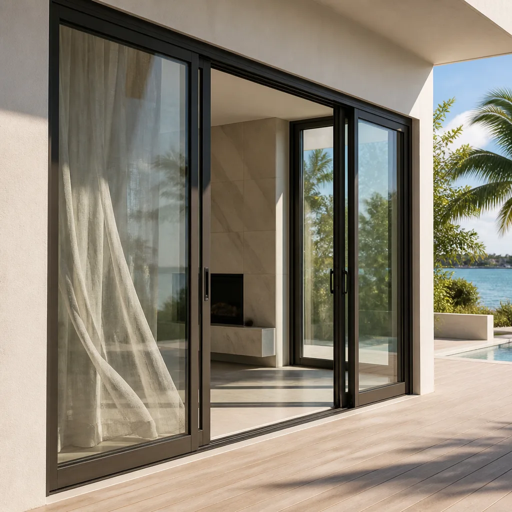 Modern black-framed sliding patio doors opening onto a tropical outdoor deck in Miami, FL