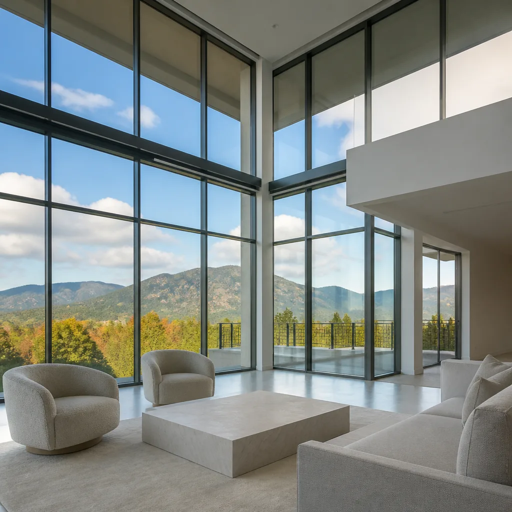 Modern floor-to-ceiling windows with mountain view in luxury home in Miami, FL