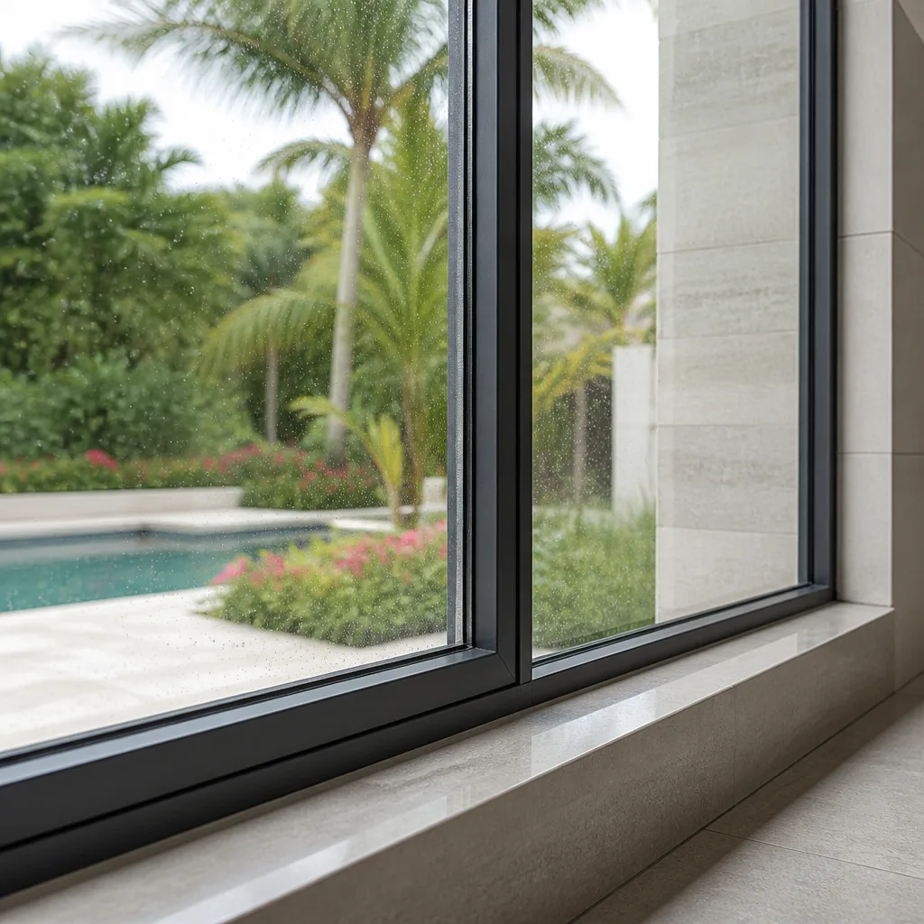 Modern black-framed window installation overlooking a lush tropical swimming pool area. in Miami, FL