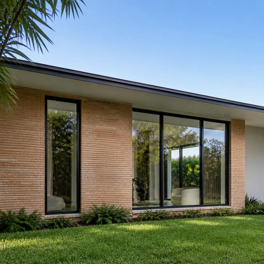 Modern home exterior with new floor-to-ceiling windows and sliding glass doors. in Miami, FL